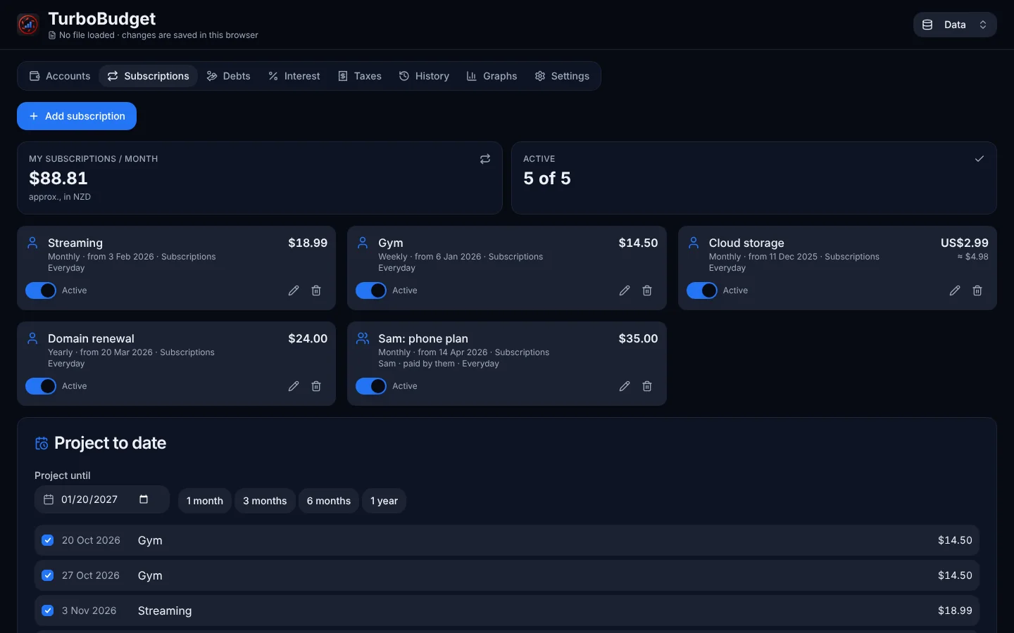 Recurring payments, with a projection.