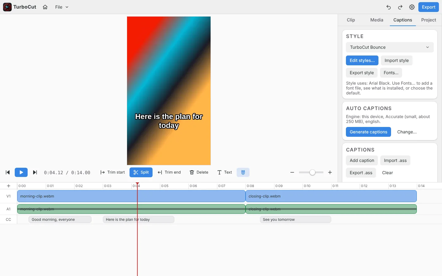 Two clips on the timeline with captions on their own track. The video is a synthetic test clip.