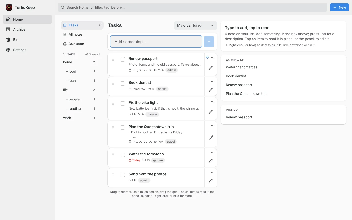 Tasks, with tags on the left and what is due soon beside them.