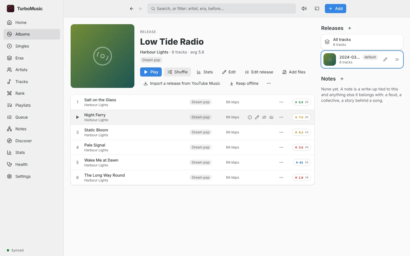 An album page with per-track ratings and its releases.