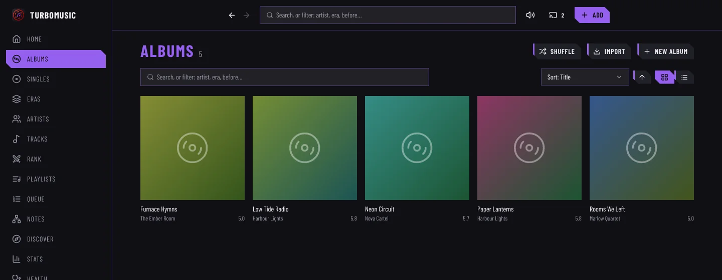 Albums page in TurboMusic in the Neon night style