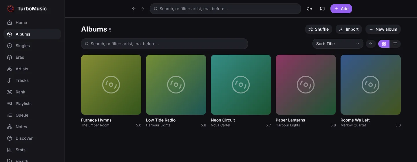 Albums page in TurboMusic with its own dark palette