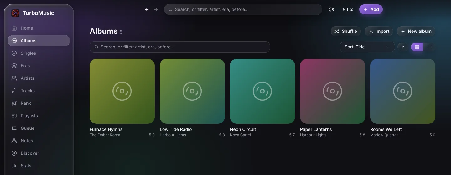 Albums page in TurboMusic in the Glass lens style