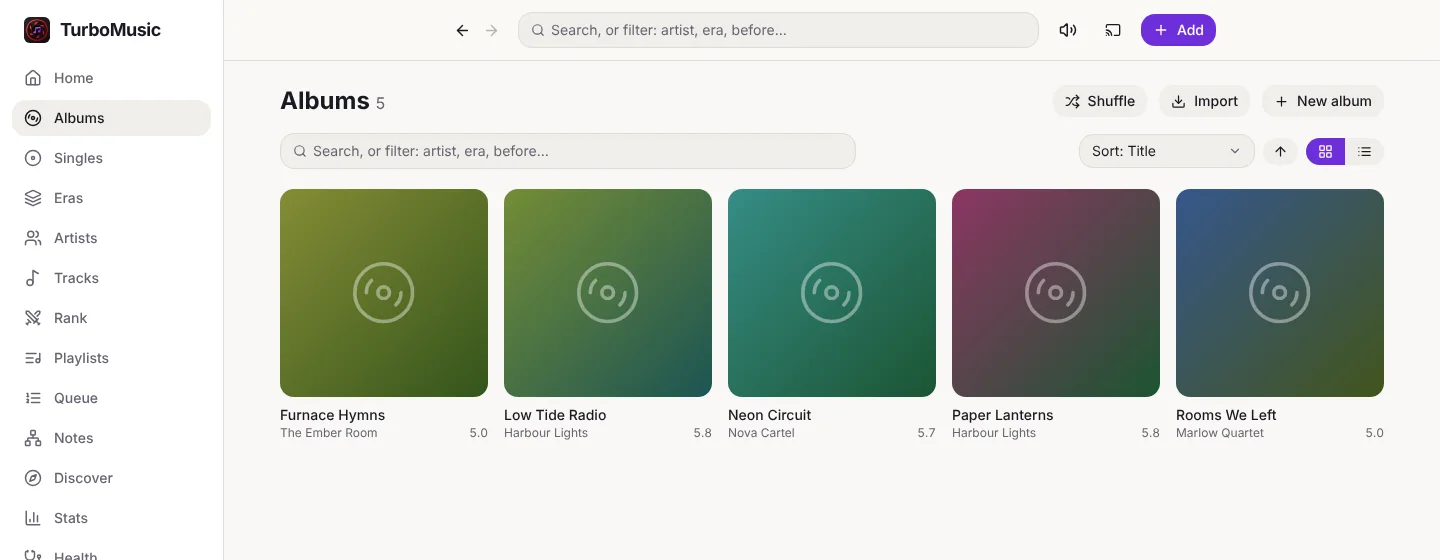 Albums page in TurboMusic with the light palette