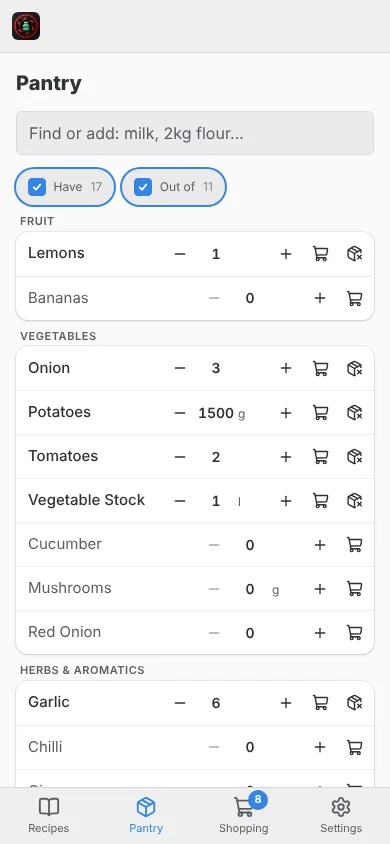 The pantry on a phone: what is in the house and how much.