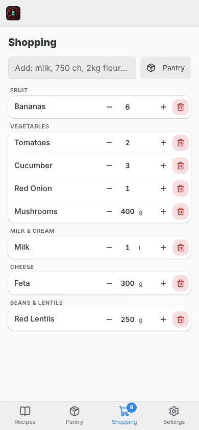 TurboPantry shopping list on a phone