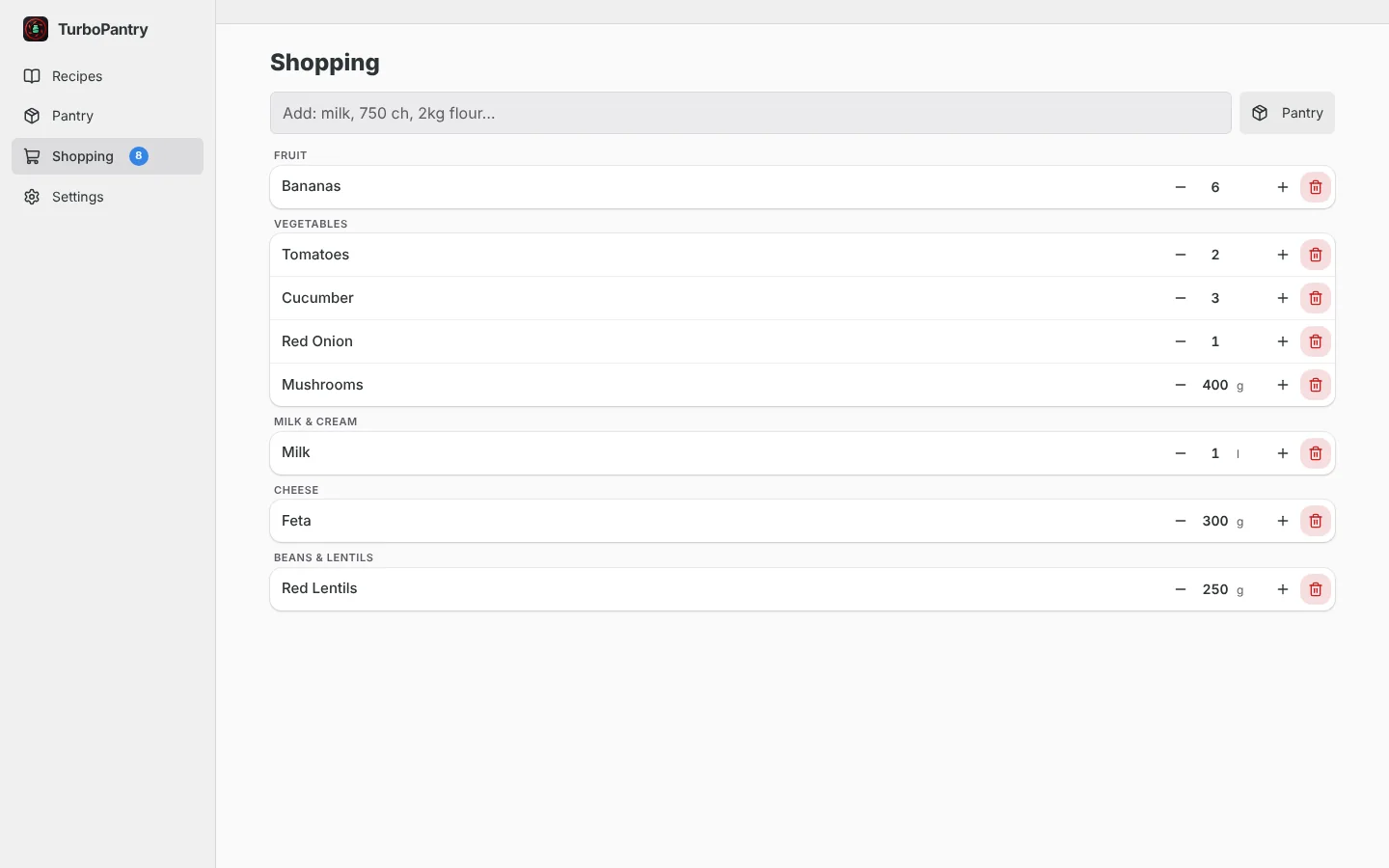 The shared shopping list, grouped by section of the shop.